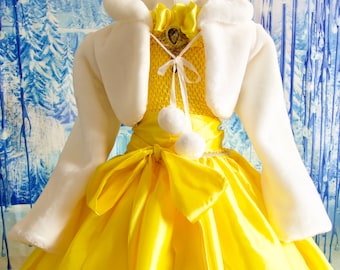 Princess Belle inspired Costume Dress, includes Faux Fur Jacket and FREE Tiara! Made to Measure Age 3yrs to 12yrs