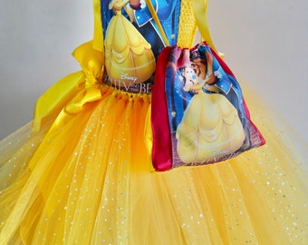 Princess Belle Beauty & the Beast Deluxe inspired Tulle Dress Age 3 up to 12 yrs