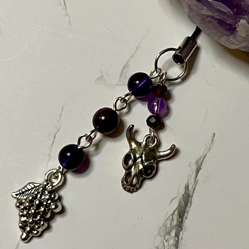 May include: A silver charm bracelet with purple and red beads, a silver skull charm, and a silver grape charm.