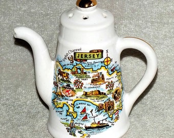 Vintage Pottery Coffee Pot Style flour Sifter sugar Caster with Jersey Map printed Holiday Souvenir