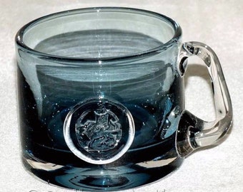 Large Vintage Wedgwood Blue Clear Cased Art Glass Welsh Dragon Seal motif Tankard c.1980s