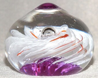 Vintage Purple base Pyramid shaped Art Glass Paperweight with White and Red Spiral swirl Design c.1990s