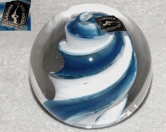 Vintage Langham Blue & White Art Glass Paperweight with Spiral Candy Stripe with Label c.1990s