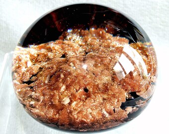 Vintage Murano Gold copper Aventurine chunks Art Glass Paperweight with Black Base Clear Cased c.1980s