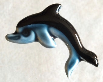 Vintage Poole Pottery Large ceramic Blue Dolphin Brooch c.1970s