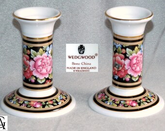 Pair of Vintage Wedgwood Clio Pattern porcelain Candlesticks candle holders Floral Decorated c.1990s