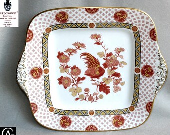 Vintage Wedgwood Golden Cockerel Pattern Square Handled porcelain Cake Plate rooster c.1970s