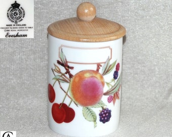 Vintage Royal Worcester Porcelain Evesham Blank Herb spice Storage canister Jar pot Wooden Lid fruit design c.1990s