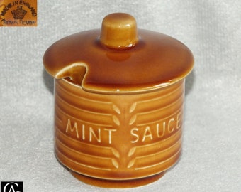 Retro Vintage Crown Devon Earthenware Mint Sauce jar Pot and Lid brown glazed geometric design c.1960s