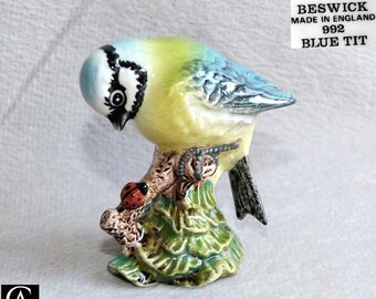 Vintage Beswick Blue Tit Gloss Designed by Arthur Gredington Earthenware bird Figurine Model No. 992B  c.1980s