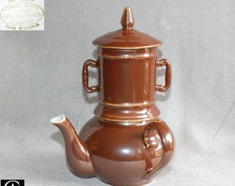 Vintage Albert Pillivuyt Brown Porcelain teapot Coffee pot Biggin Cafetière Aplico French Mid Century c.1950s