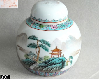 Vintage Chinese Porcelain Handpainted Enamel Ginger Jar by Zhongguo Jingdezhen with Pagoda and Mountains c.1970s