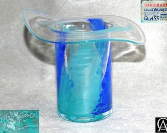 Vintage Lillehammer Blue & Green Norwegian Art Glass Hat Vase or Candle Holder by Eirik Jan Thore c.1970s