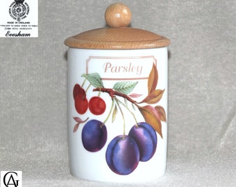 Vintage Royal Worcester Porcelain Evesham Parsley Herb spice Storage canister Jar pot Wooden Lid fruit design c.1990s