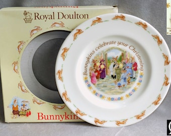 Vintage Royal Doulton Bunnykins Celebrate Your Christening Porcelain Plate Designed by Barbara Vernon Boxed c.1990s