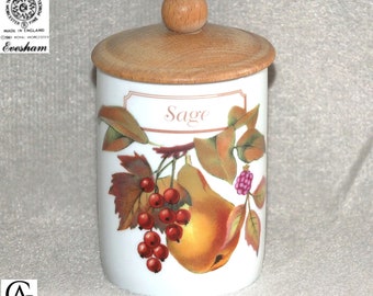 Vintage Royal Worcester Porcelain Evesham Sage Herb spice Storage canister Jar pot Wooden Lid fruit design c.1990s