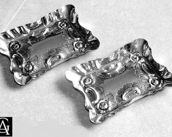 Antique art nouveau Silver Plated Engraved floral Repousse rectangular Bonbon Dishes c.1900