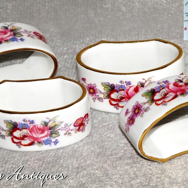 Four Vintage Royal Crown Derby Porcelain oval Napkin serviette Rings in the Derby Posies Pattern 1960s - 1975