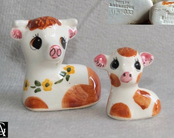 Vintage Cow and Calf miniature Ceramic Figurines by Philip Laureston Babbacombe Pottery Model No. 033 and 034 c.1970s