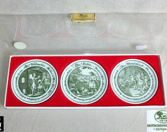 Vintage Hutschenreuther Porcelain drink Coasters gift Set in Green and White of German Trade Scenes in Box 1980s