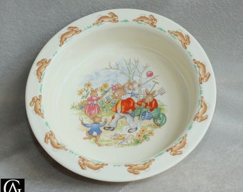 Vintage Royal Doulton Bunnykins Baby Plate bowl Family in the Garden Designed by Walter Haywood c.1980s