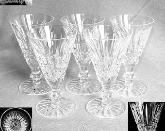 Five Vintage Waterford Tramore Pattern irish Crystal Cut Glass Sherry Glasses Signed c.1970s