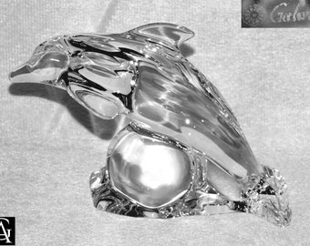 Vintage Galway Irish Lead Crystal Glass Dolphin Figurine Marine Animal paperweight Signed with Label (b)