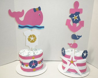 Nautical Mini Diaper Cake, Anchor or Whale Topper, Baby Shower Gift