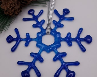 Blue Aqua Ombre Fused Glass Snowflake Ornament