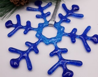 Dark Sky Blue Ombre Fused Glass Snowflake Ornament