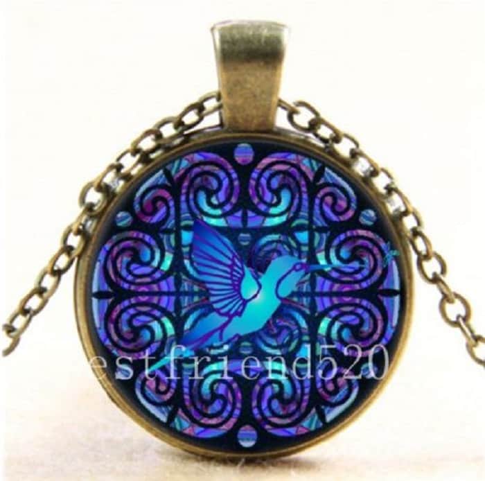 Hummingbird Whit Flower Cabochon Glass Tibet Silver Chain Pendant Necklace Hummingbird Whit Flower Cabochon Glass Tibet Silver Chain Pendant Necklace