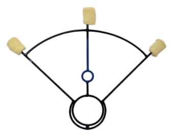 May include: A black metal fire dancing prop with three yellow fire poi attached to the ends of the arms. The arms are attached to a central ring with a smaller ring in the center.