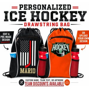 May include: Two drawstring bags, one black and one orange, each featuring a front zippered pocket, a side mesh water bottle holder, and black drawstrings. The black bag displays a white American flag and hockey stick graphic with the name MARIO.