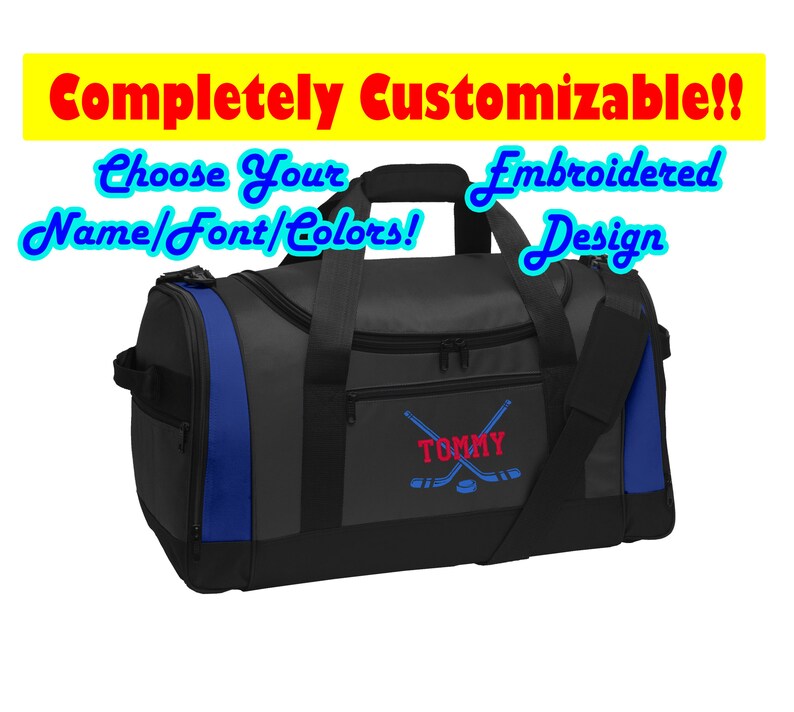 Personalized Hockey Medium Gym Duffel Bag with Custom Text Black//Black Active Sports Bag with Customizable Embroidered Monogram Design