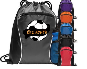 Personalized Soccer Cinch Bag Monogrammed Zipper Drawstring Cinch Backpack with Custom Text