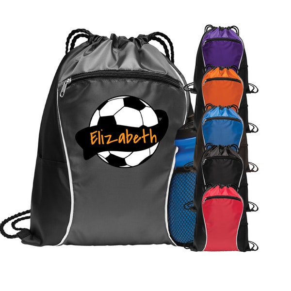 Personalized Soccer Cinch Bag Monogrammed Zipper Drawstring Cinch Backpack with Custom Text
