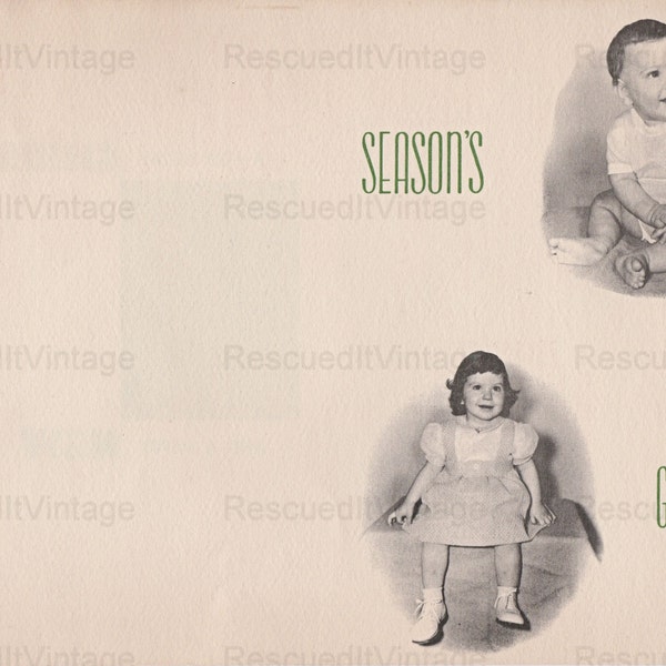 Little Girl and Baby Boy B&W Vintage Photo Merry Christmas Happy New Year Seasons Greetings Card Digital Download