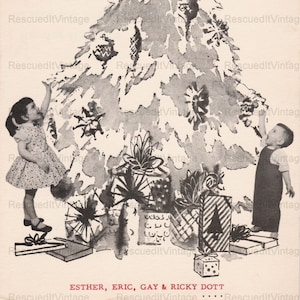 Tarjeta de felicitación navideña con foto vintage en blanco y negro de un niño y una niña con un árbol de Navidad y un feliz año nuevo Descarga digital