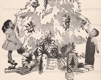 Girl and Boy Christmas Tree Vintage Photo B&W Merry Christmas Happy New Year Card Digital Download