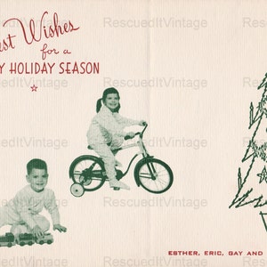 Tarjeta con foto vintage de niña y niño pequeño con árbol de Navidad de Papá Noel Feliz Navidad Feliz Año Nuevo Descarga digital