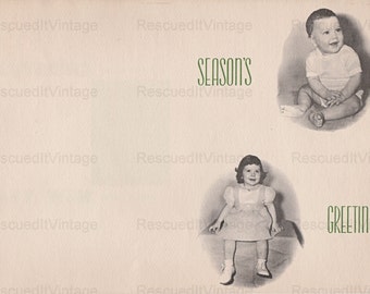 Little Girl and Baby Boy B&W Vintage Photo Merry Christmas Happy New Year Seasons Greetings Card Digital Download