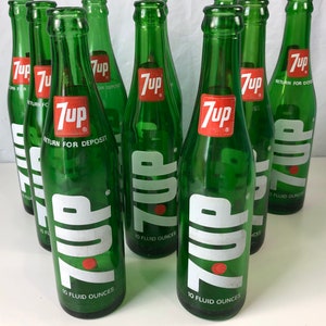 3 Vintage Green Glass 7 Up Soda Bottles Pop Jars 10 fl oz from the 1970's