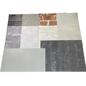 May include: A collection of various textured wallpaper samples. The samples include brick, stone, and fabric-like patterns in shades of gray, beige, and brown. The arrangement showcases a variety of textures and colors, suitable for interior design projects.