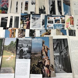Puede incluir: Una colección de páginas de revistas y postales antiguas, con diversas imágenes y texto. Las páginas muestran fotografías de paisajes, personas y destinos de viaje. Algunas páginas tienen texto, incluido el título "National Geographic Magazine."