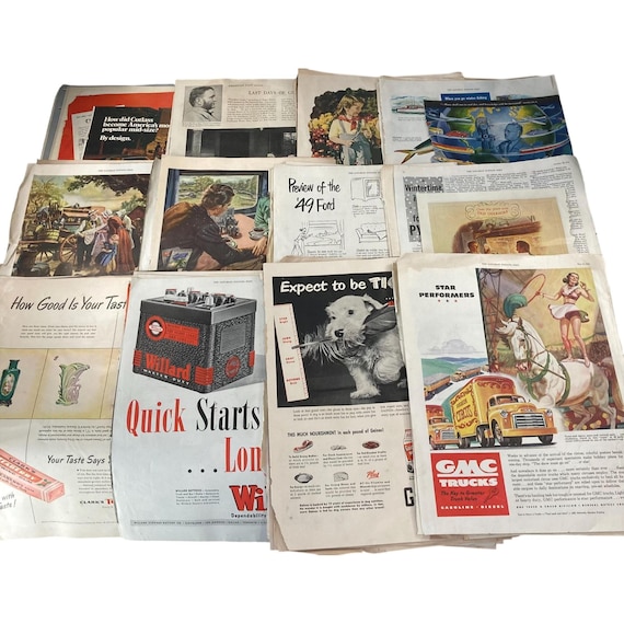 50 Vintage Magazines Pages Lot Random 1940s 50s 60s Collage Altered Mixed Art Reuse Upcycle DIY Crafts Smash Book Junk Journal