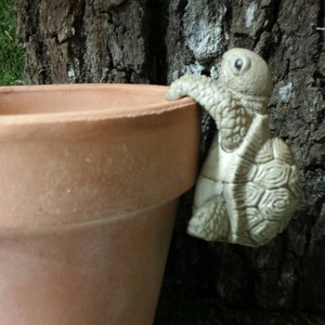 May include: A terracotta-colored flower pot with a decorative turtle figurine clinging to the rim. The turtle is a light beige color and has detailed shell and face features. The pot is set against a backdrop of tree bark and green grass.