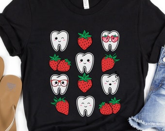 Dental Strawberry Shirt, Teeth Strawberries TShirt, Cute Red Berry Tooth T-Shirt for Dental Assistant, Hygienist Graphic T Gift, Dentist Tee