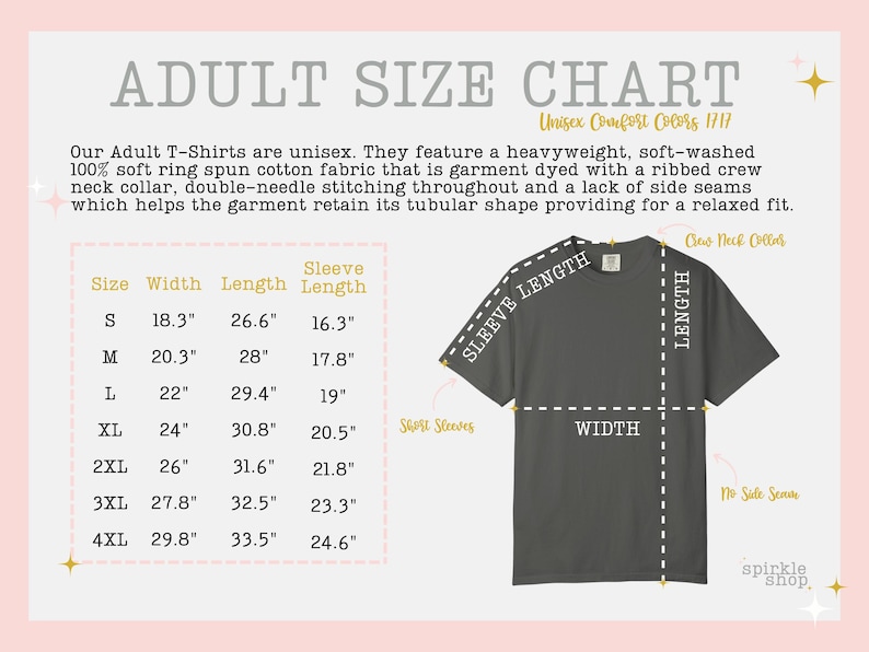 K&ouml;nnte beinhalten: Gr&ouml;&szlig;entabelle f&uuml;r Unisex-T-Shirts f&uuml;r Erwachsene. Die Tabelle enth&auml;lt die Ma&szlig;e f&uuml;r Breite, L&auml;nge und &Auml;rmell&auml;nge in cm f&uuml;r die Gr&ouml;&szlig;en S bis 4XL. Die Shirts bestehen aus weichem, ringgesponnenem Baumwollstoff.