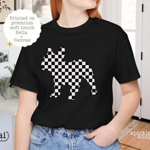 French Bulldog Shirt, Checkerboard Pattern Frenchie T-Shirt, Black and White Silhouette Dog Mom Tee, Retro Grid Puppy Lover Gift Tshirt