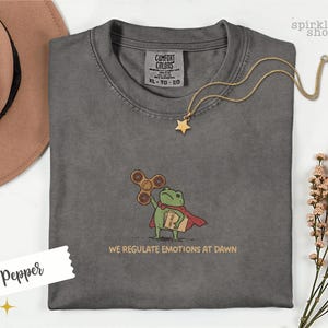 Op de afbeelding: Een antracietgrijs t-shirt met een borduursel van een groene kikker in een rode cape, die een bruine fidget spinner en een beige map met het opschrift CASE FILES vasthoudt. De tekst eronder luidt WE REGULATE EMOTIONS AT DAWN.